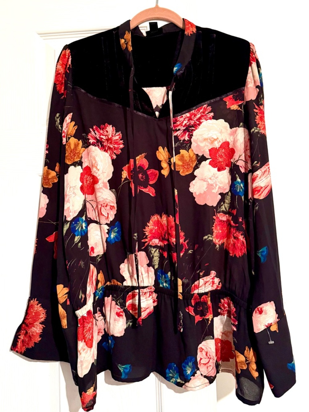 Worthington Floral Chiffon Blouse Velvet Yoke Bell Sleeve Multicolor Women XL